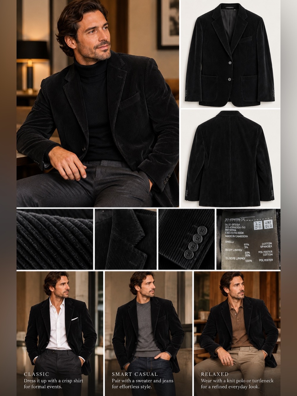 UNIQLO - Men's Corduroy Black Blazer Sport Coat